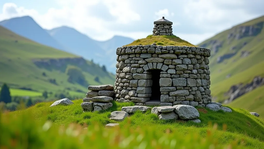 Ancient round tower standing against mountain backdrop in historic valley, Ireland heritage site