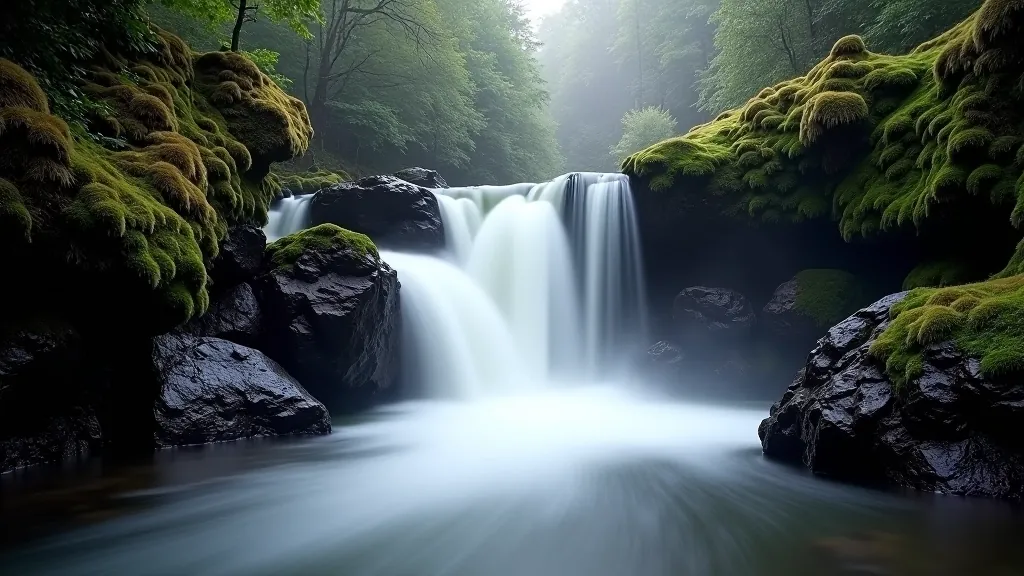 Crystal clear waterfall cascading down moss-covered rocks in quiet gorge
