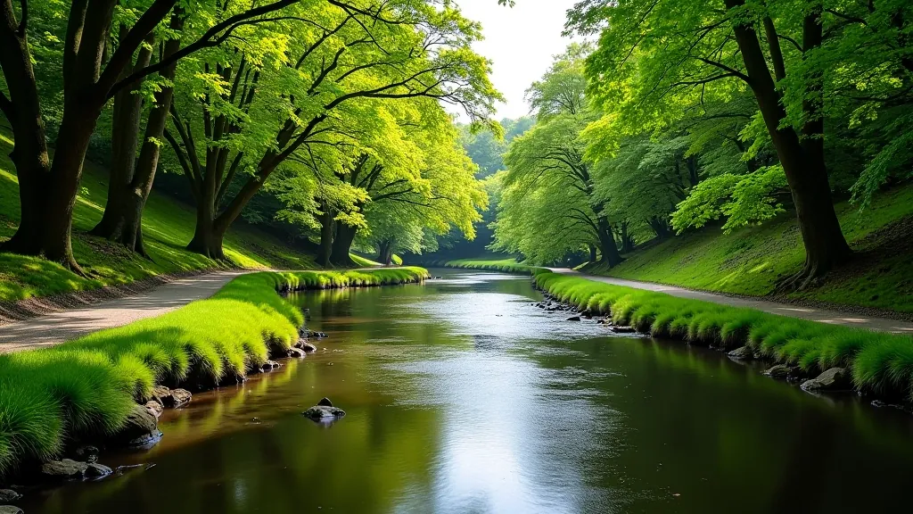 Peaceful river flowing gently through green gorge with walking path alongside, suitable for older adults