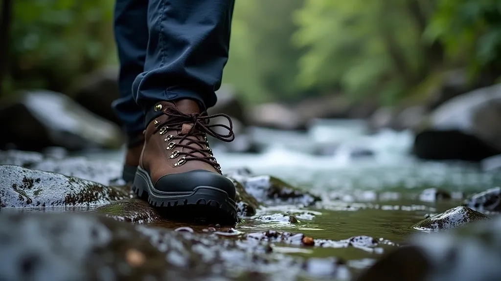 Waterproof hiking boots with good grip on wet rocky terrain beside a stream