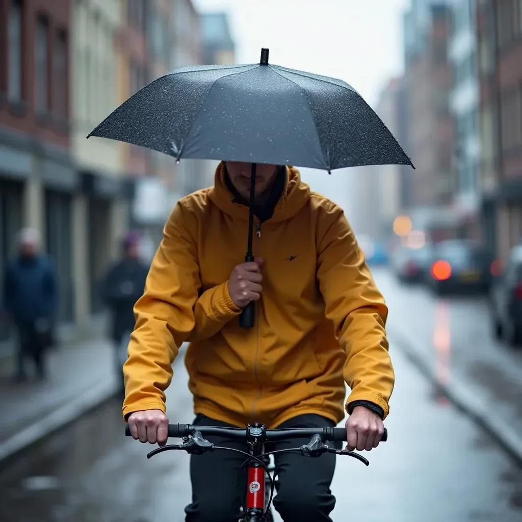 Person on bicycle using compact umbrella while cycling through rainy urban street with buildings in background