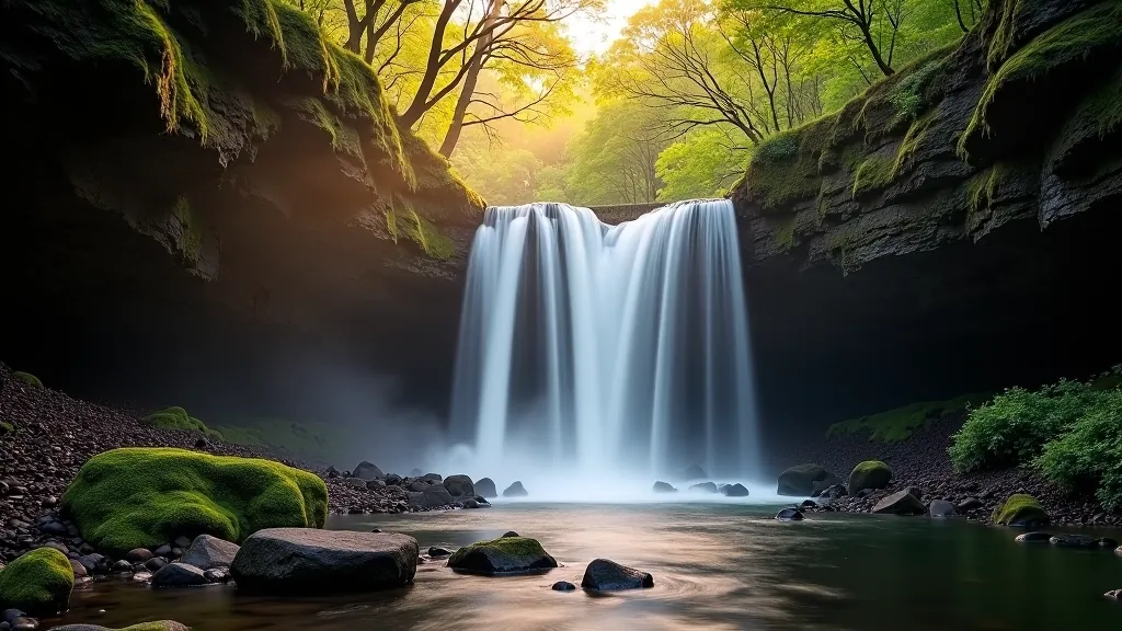 Devils Glen waterfall with cascading water in dramatic rocky gorge setting