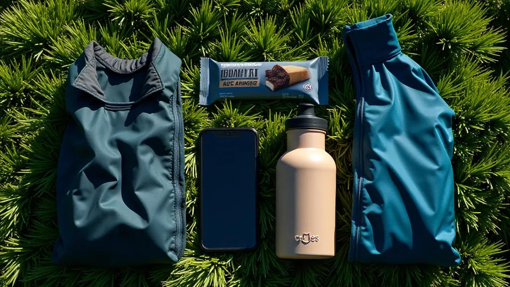 Backpack with water bottle, snacks, and hiking essentials laid out on grass