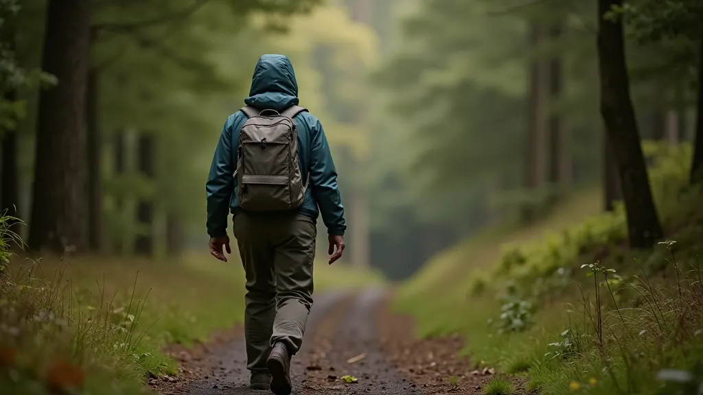 Hiker wearing waterproof jacket and walking boots on forest trail, carrying daypack, rear view on paved path