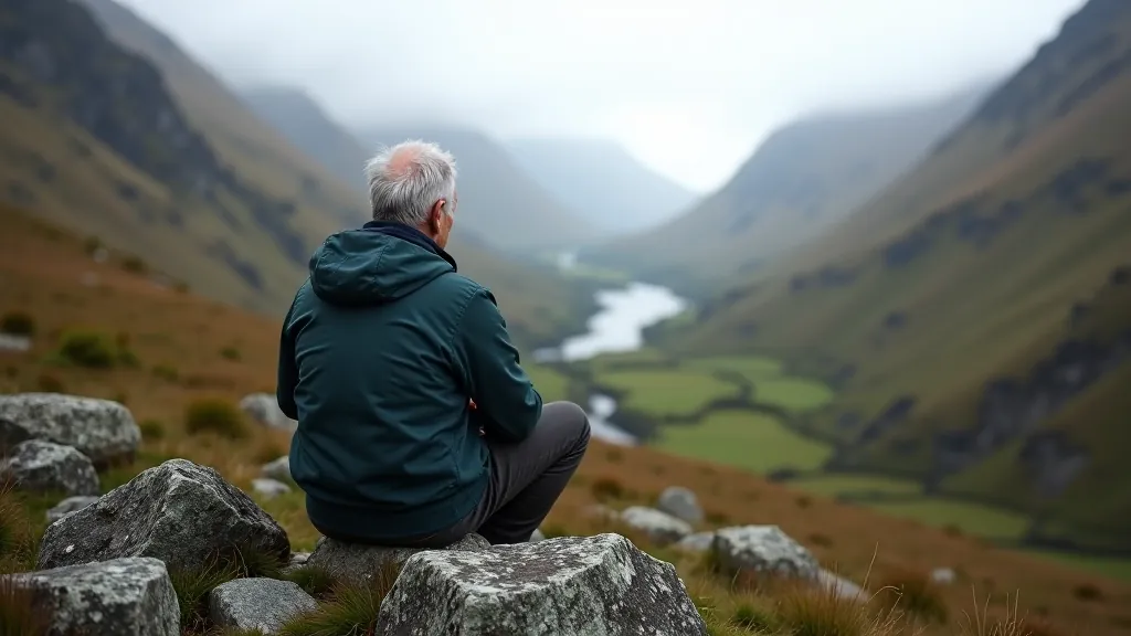Hiker sitting on rocky outcrop overlooking mountain valley landscape, rest break during trail walk