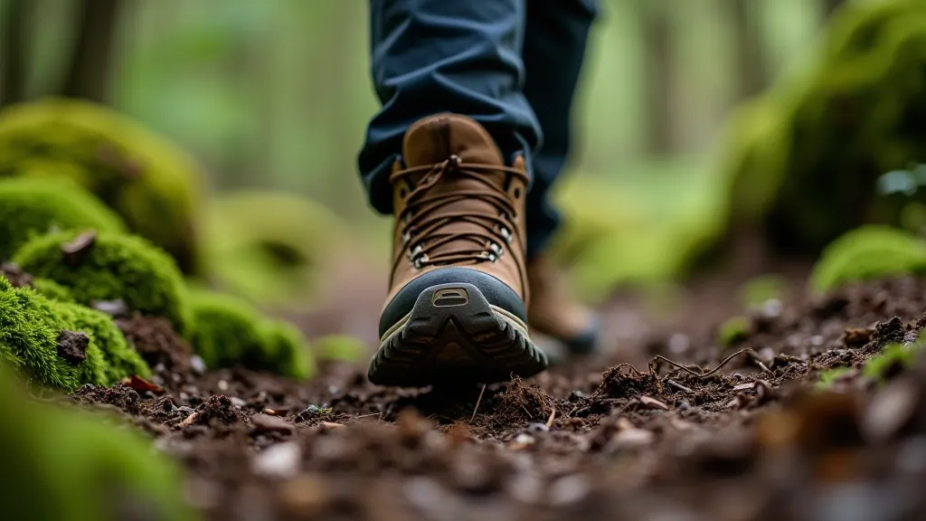 Wooden hiking boot on forest trail with moss-covered ground and tree roots, outdoor footwear detail