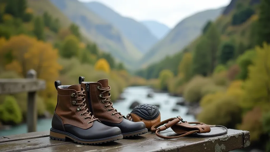 Comfortable walking shoes and weather-appropriate clothing laid out on outdoor bench with mountain view
