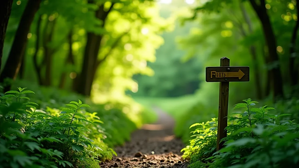 Well-maintained hiking trail through green woodland with wooden signpost marking the way