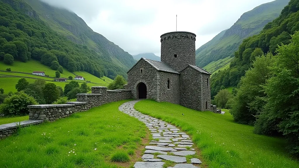 Stone footpath winding through historic monastic site with round tower visible, Ireland