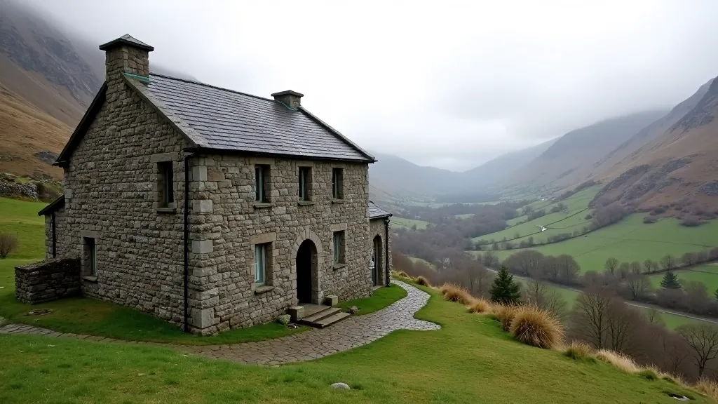 Historic stone barracks building on mountainside with panoramic valley view, military architecture ruins