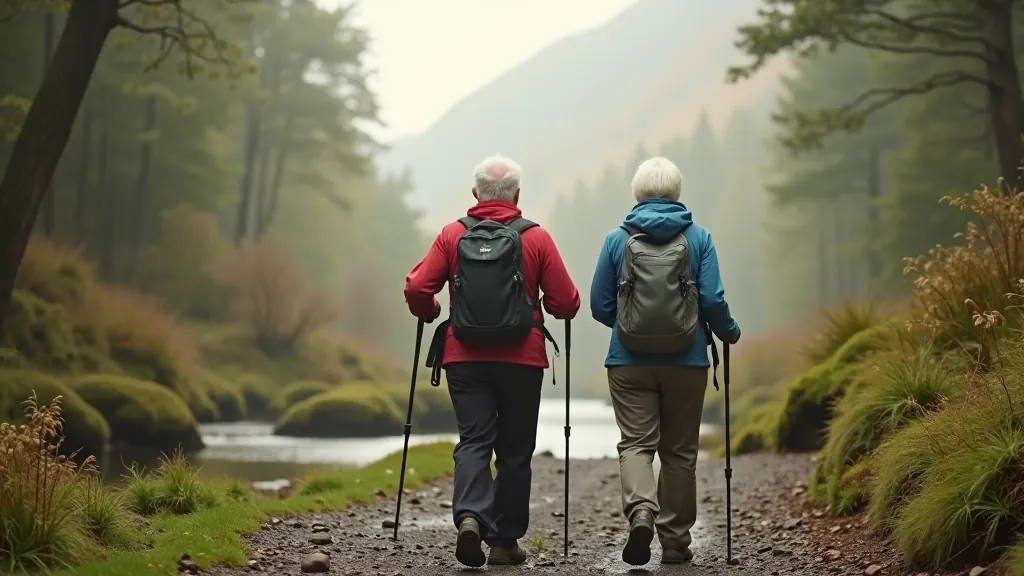 Older adult couple walking on scenic forest path with stream visible through trees in Wicklow gorge