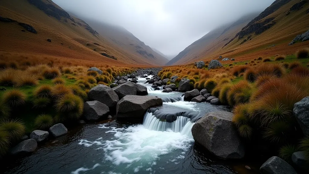Mountain stream flowing through rocky valley with steep hillsides, alpine landscape with sparse vegetation