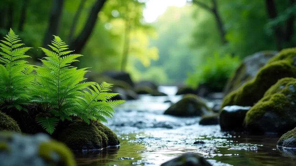 Close-up of woodland flora and river