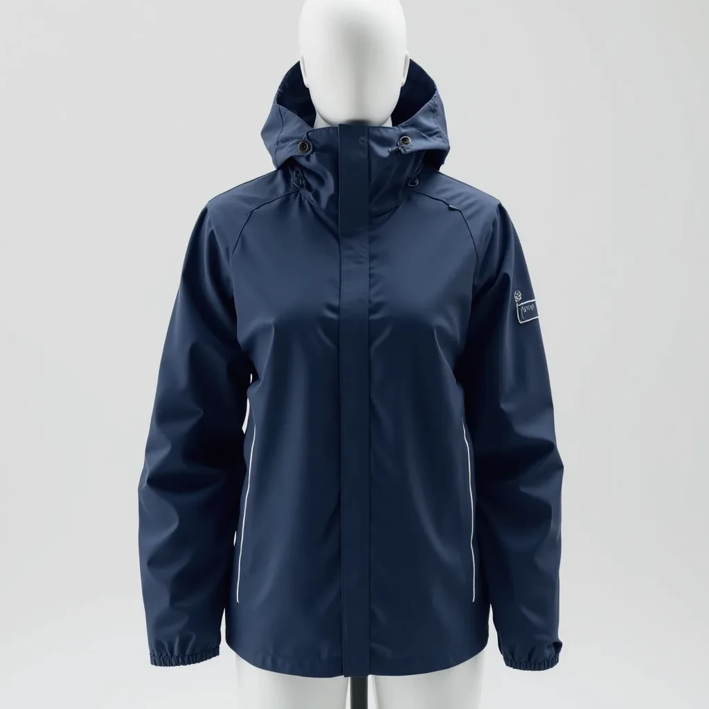 Navy blue technical rain jacket displayed on white mannequin showing front view with sealed seams, reflective piping, and adjustable hood