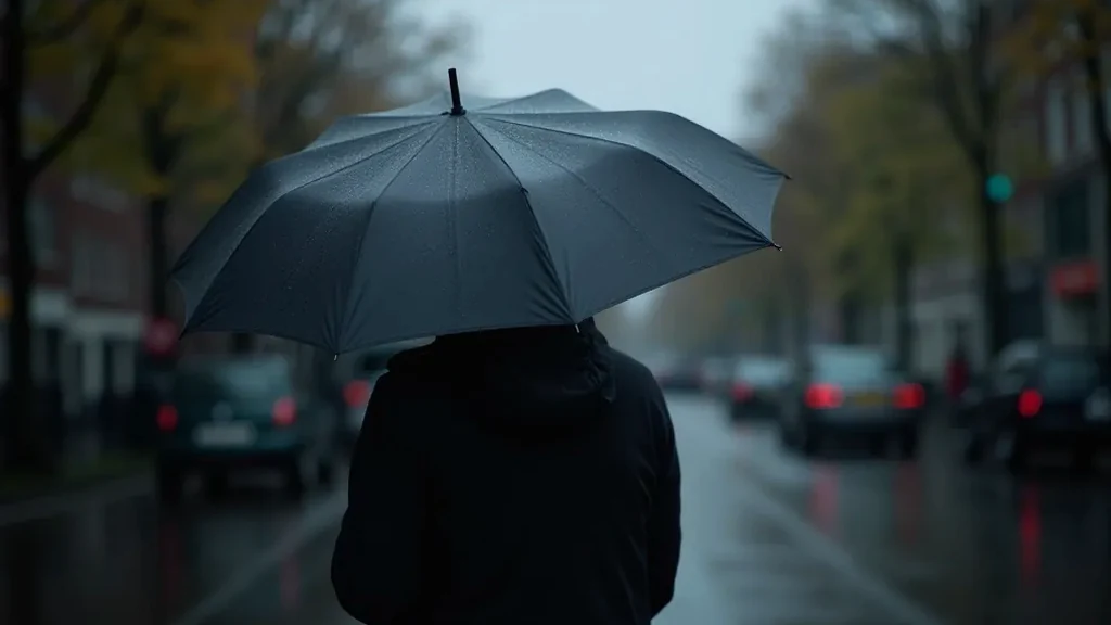 Compact storm umbrella being tested in heavy rain
