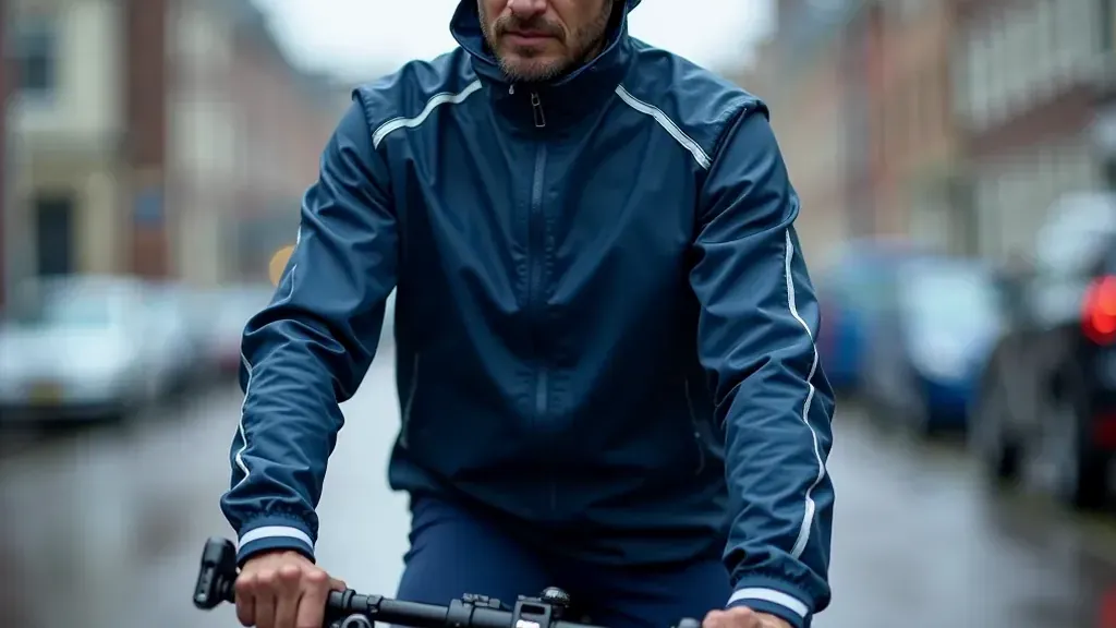 Navy rain jacket being tested in wet weather conditions
