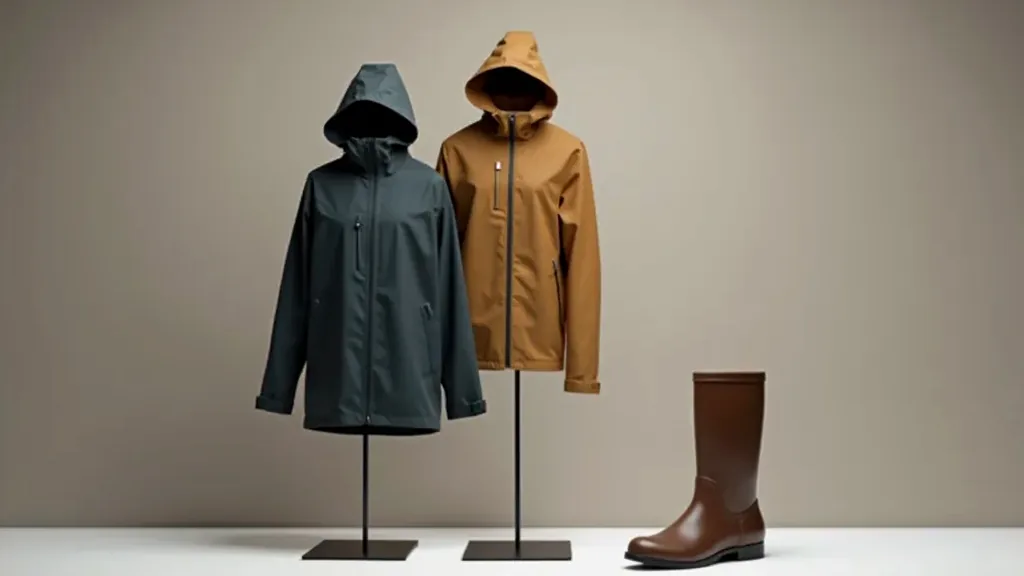 Premium rain jacket and waterproof boots on display