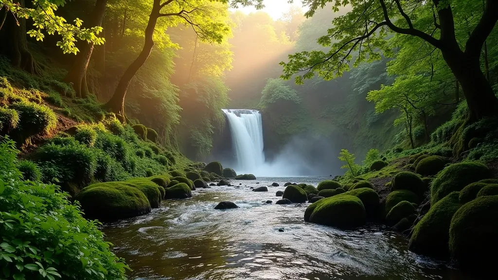 Stunning river gorge waterfall in Wicklow with flowing water and green foliage