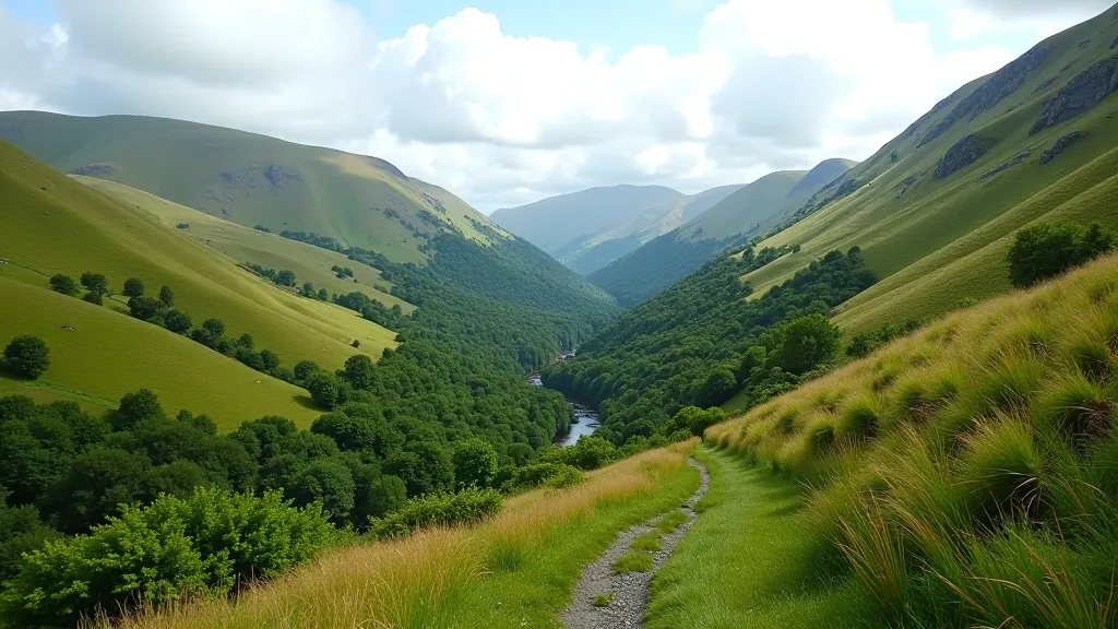 Scenic valley view with rolling green hills and tree-covered slopes, clear sky, peaceful landscape
