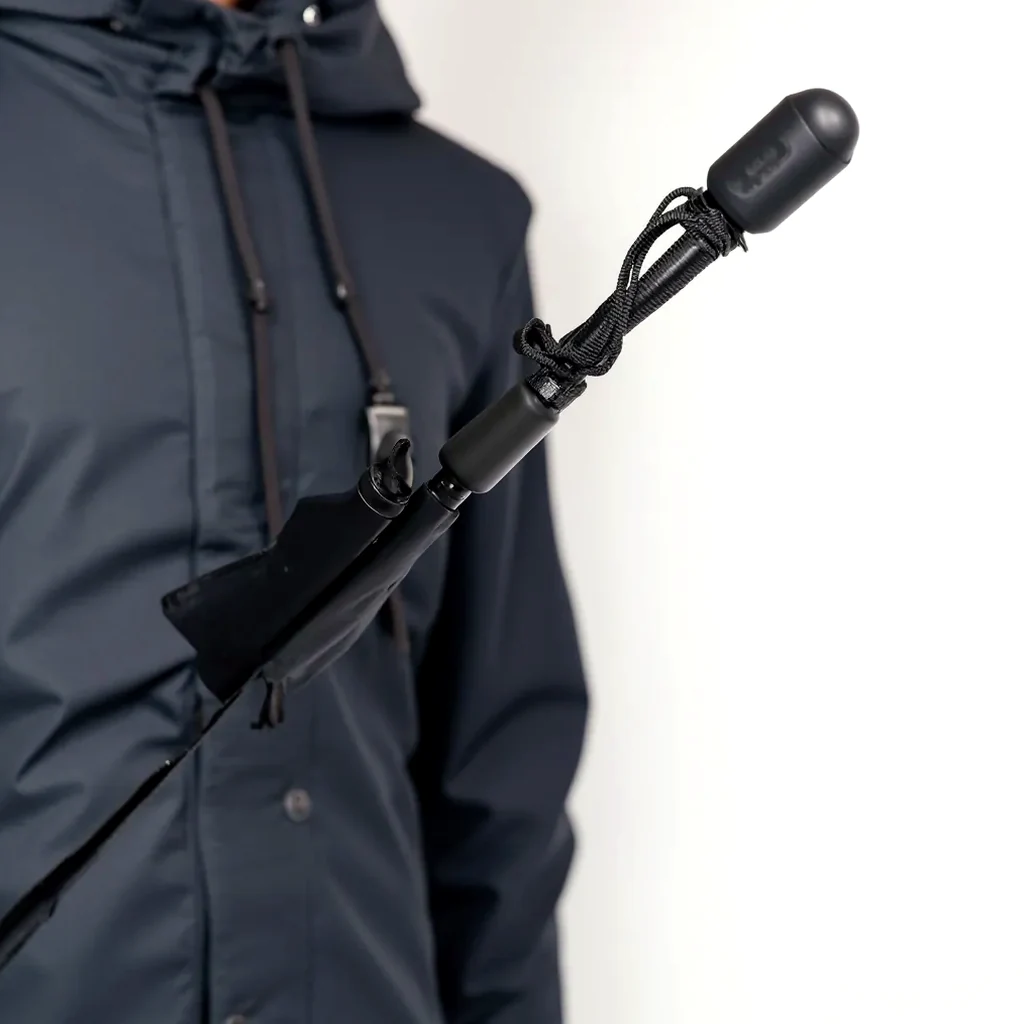 Umbrella handle detail showing rubberized grip and push-button mechanism with wrist strap attachment