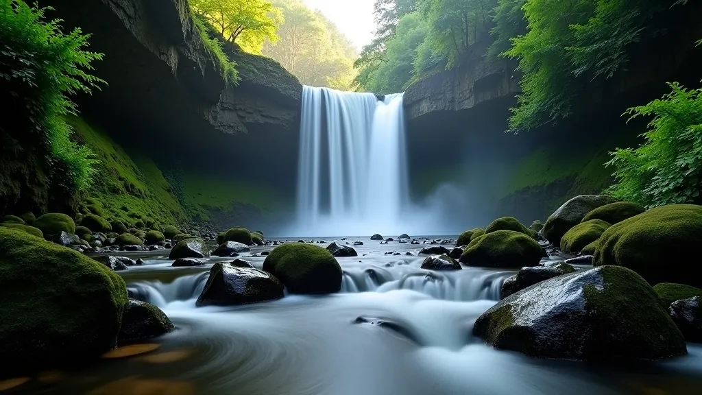Devils Glen waterfall flowing over rocks in misty morning light, Wicklow gorge landscape