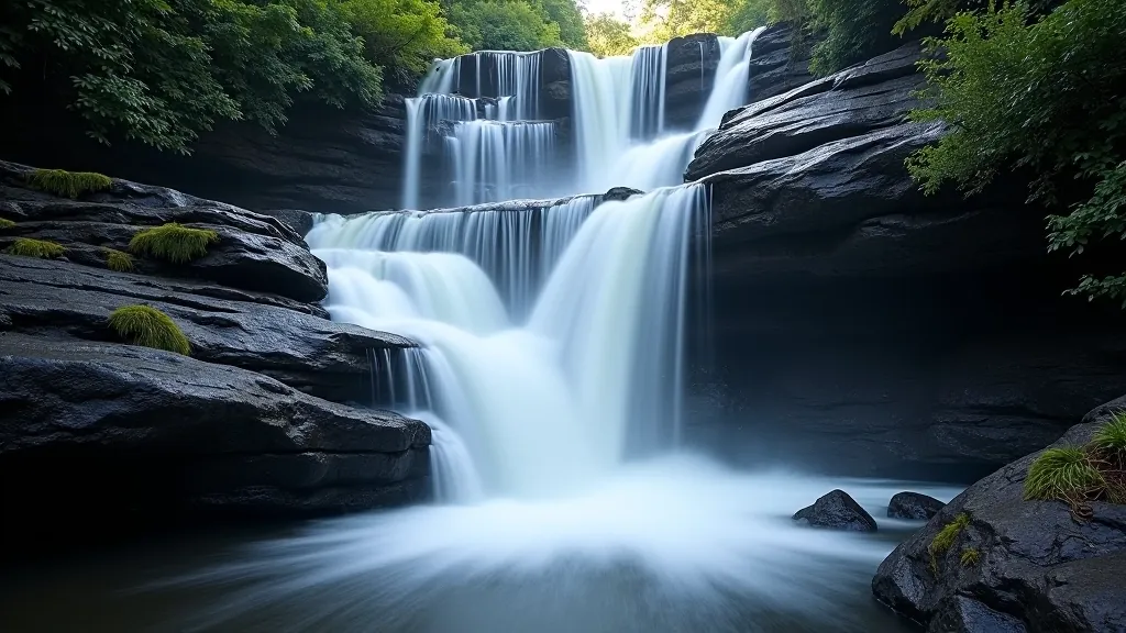Water cascading over dark rocks in multiple tiers, misty spray from waterfall, forest backdrop, dramatic landscape