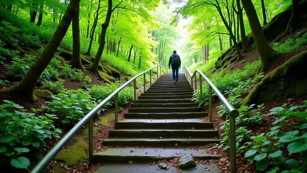 Stone steps and handrails on hillside trail with forest views, senior-friendly hiking infrastructure