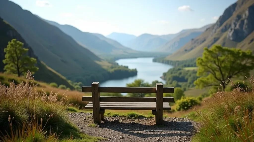 Wooden bench overlooking peaceful lake with mountains in distance, hiking trail visible