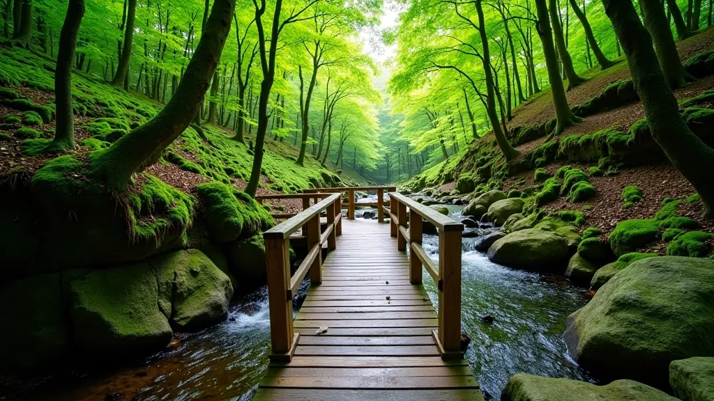 Wooden bridge crossing over small stream in forested gorge area, accessible hiking path