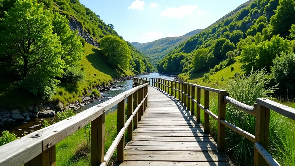 Peaceful riverside path with wooden railings overlooking calm green water